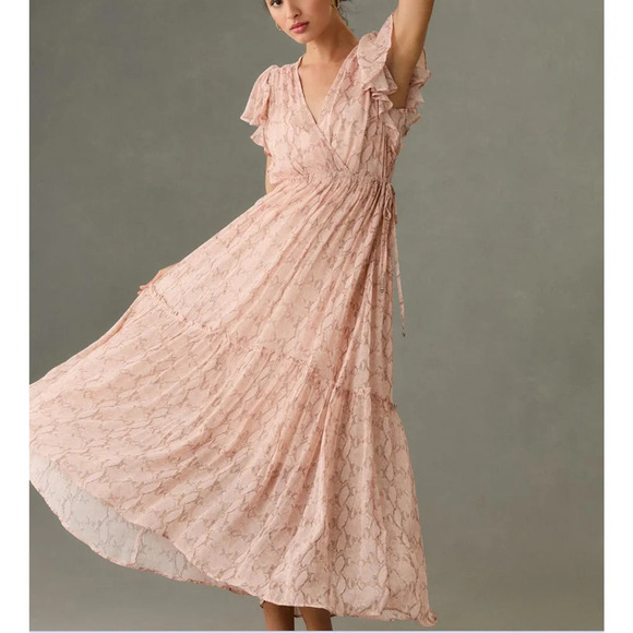 NWT By Anthropologie Sheer V-Neck Flutter-Sleeve Midi Dress Size L Pink #NB404 - Picture 1 of 13